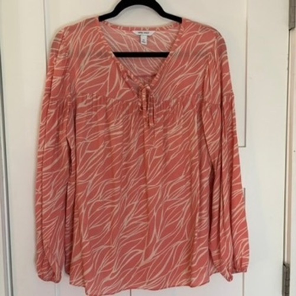 Nine West Womens Coral Pink Abstract Print Tie Neck Long Sleeve Blouse M Boho